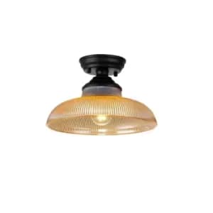 Dresden Flush Ceiling Lamp E27 With Round 30cm Glass Shade Matt Black, Amber
