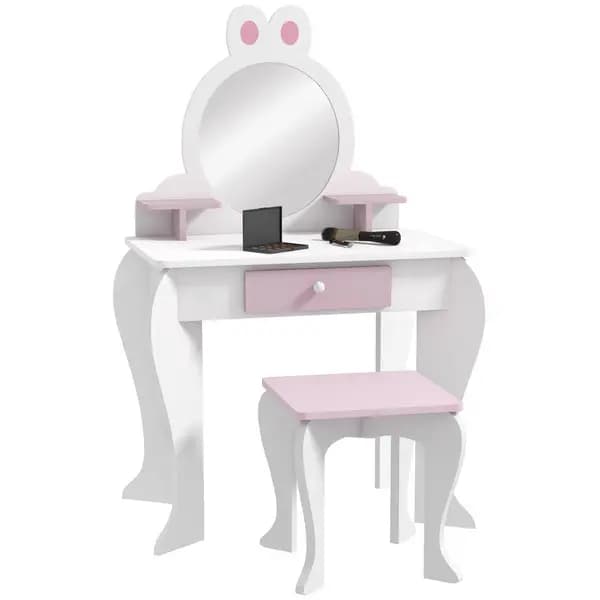 ZONEKIZ Kids Dressing Table with Mirror and Stool, Rabbit Design, for Ages 3-6 Years White