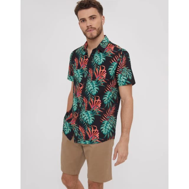Threadbare 'Knight' Tropical Print Short Sleeve Cotton Shirt Black male