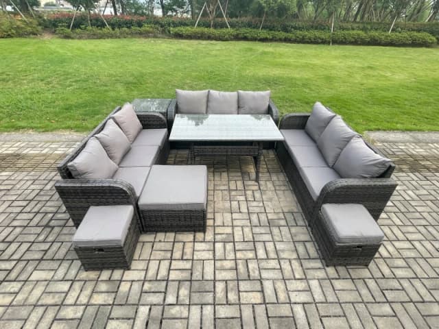 Fimous Rattan Garden Furniture Set with Oblong Rectangular Dining Table 3 Footstools Side Table 11 Seater Outdoor Lounge Sofa Set Dark Grey Mixed Dark