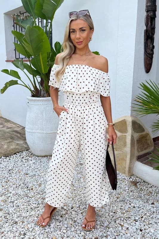 AX Paris Womens Cream & Brown Polka Dot Bardot Frill Culotte Jumpsuit Size: 8 Cream Female 8