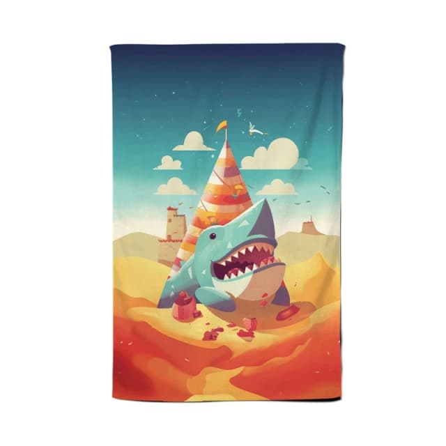Warren Reed - Designer Shark On A Beach Holiday Tea Towel in Yellow Yellow Unisex