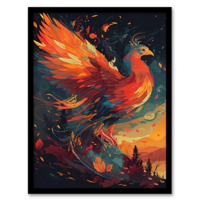Artery8 Majestic Phoenix Bird Spreading Wings Home Decor Black Framed Wall Art Print A4, Orange UA4MDJ002181