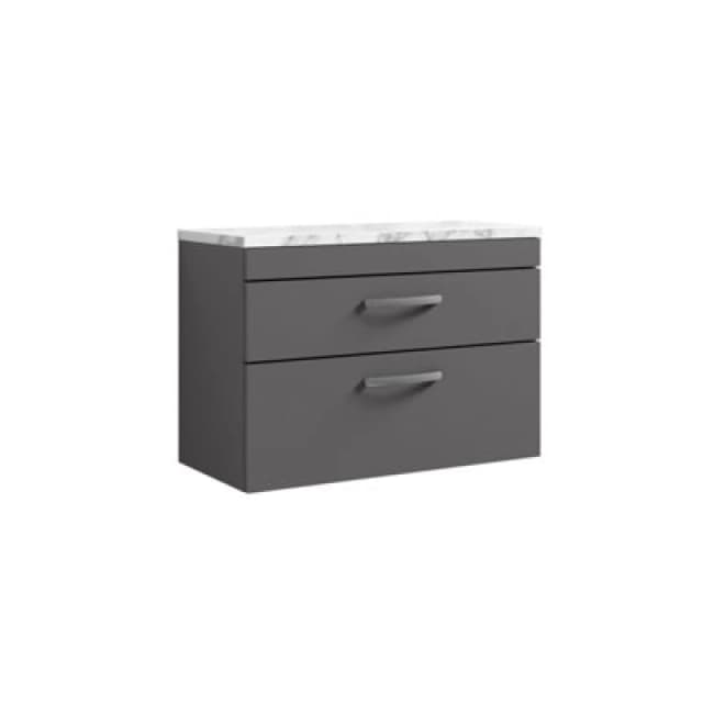 Nuie Athena Wall Hung 2-Drawer Vanity Unit With Laminate Worktop In Carrera Marble, Sleek Counter Top Vanity Unit In Gloss Grey