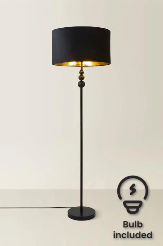 ValueLights ValueLights Marissa Black Stacked Ball Floor Lamp with Velvet Drum & Gold Inner Shade & Bulb Black One Size Unisex 5059406060021