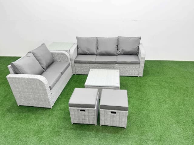 Fimous 7 Seater PE Rattan Wicker Garden Furniture Patio Conservatory Sofa Set with Square Coffee Table 3 Seater Sofa Love Sofa 2 Stools Side Table Lig