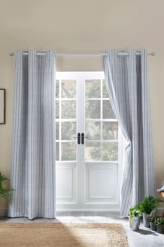 Catherine Lansfield Logan Stripe 90X90" Lined Eyelet Curtains Two Panels Blue