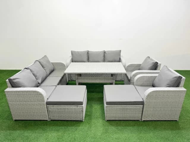 Fimous PE Rattan High Back Lounge Sofa Set Patio Rectangular Dining Table & Chairs Set with 3 Seater Sofa Reclining Chair 2 Big Footstool Light Grey L