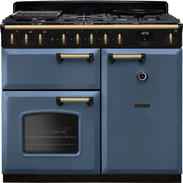 Rangemaster Classic Deluxe 100 Dual Fuel CLDL100DFPSTB/AB1 100cm wide Dual Fuel Range Cooker with Gas Hob - Stone Blue / Antique Brass - A Rated