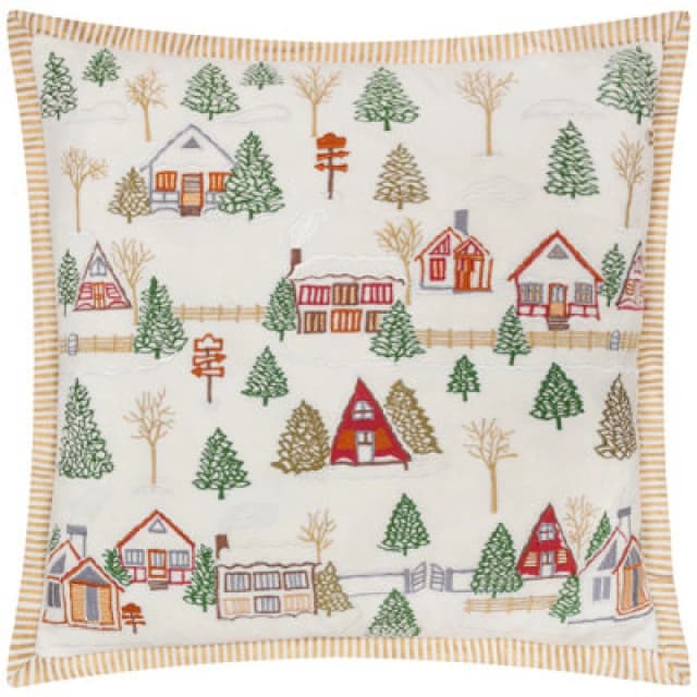Winter Ski Lodges Embroidered Cushion White / 50 x 50cm / Polyester Filled
