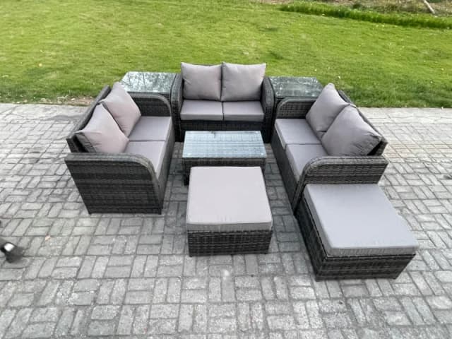 Fimous Wicker PE Rattan Garden Furniture Set 8 Seater Outdoor Lounge Sofa Set with Love Sofa Coffee Table 2 Side Tables 2 Big Footstool Dark Grey