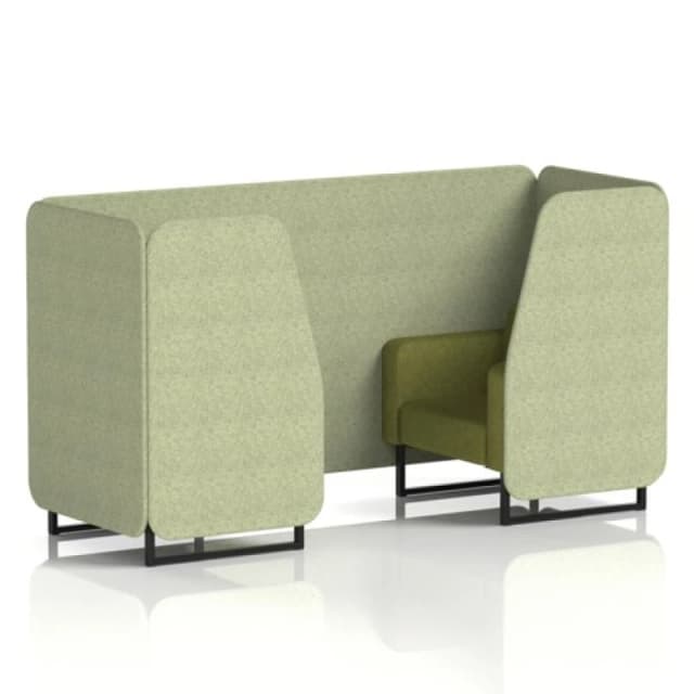 Brixworth 2 Seater Office Booth with Front Panel - Black Legs in Rivet Fabric - Burnish Panels and Olive Sofa