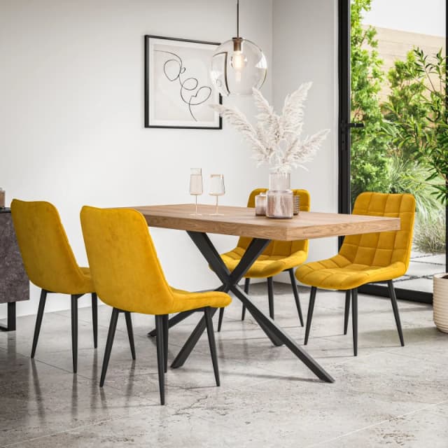 More4Homes Donni Dining Table And Chairs - Oak Effect Table Top W Black Legs + Nova Velvet Dining Chair Set Of 4 (Mustard)