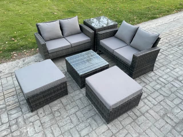 Fimous 6 Seater Rattan Outdoor Garden Furniture Sofa Set with 2 Big Footstool Side Table Dark Grey Mixed Dark Grey Unisex