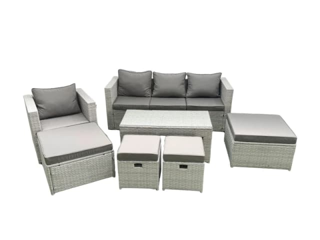 Fimous Rattan Garden Furniture Set Outdoor Lounger Sofa with Coffee Table 4 Footstools Light Grey Mixed Light Grey