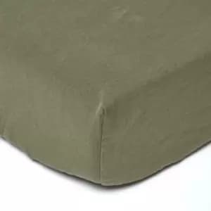 Khaki Green Linen Deep Fitted Sheet, Single - Green - Green - Homescapes