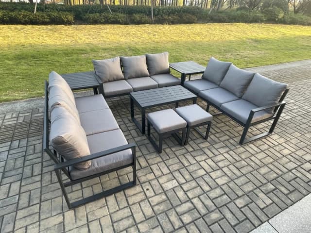 Fimous Aluminium 11 Seater Outdoor Garden Furniture Set Lounge Sofa Oblong Coffee Table 2 PC Small Footstools Sets with Cushions Dark Grey Dark Grey U