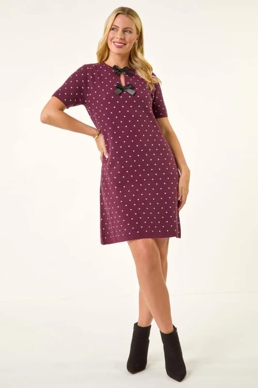 Roman Womens Petite Polka Dot Knit Dress in Plum Size: 12 Plum Female 12