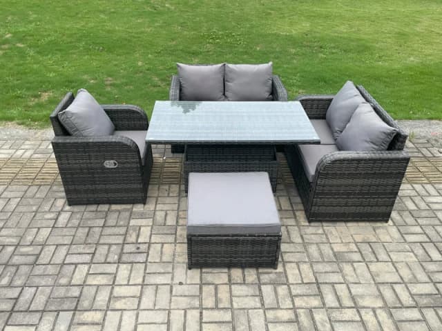 Fimous Wicker PE Rattan Furniture Garden Dining Set Outdoor Height Adjustable Rising lifting Table Love Sofa Dark Grey