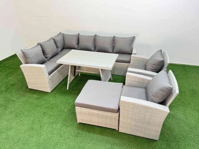 Fimous Garden Outdoor Rattan Furniture Set with Big Footstool 9 Seater in Light Grey Light Grey Unisex