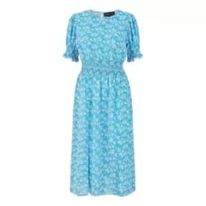 Mela London Blue Floral Shirred Waist Midi Dress - Blue
