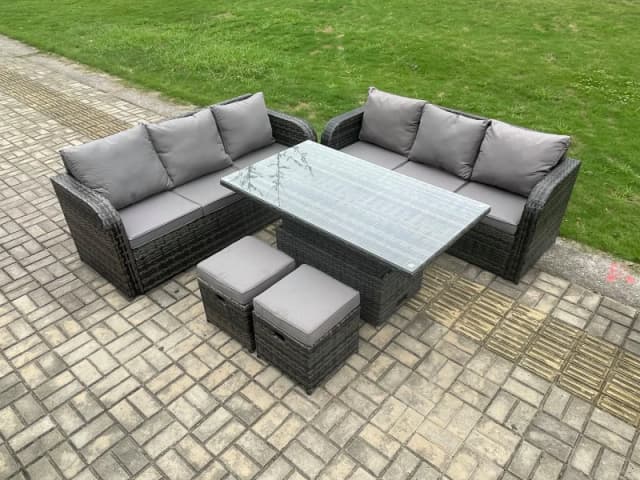 Fimous 8 Seater Outdoor Rattan Garden Furniture Sets Height Adjustable Rising lifting Dining Table Sofa Set with Footstools Dark Grey