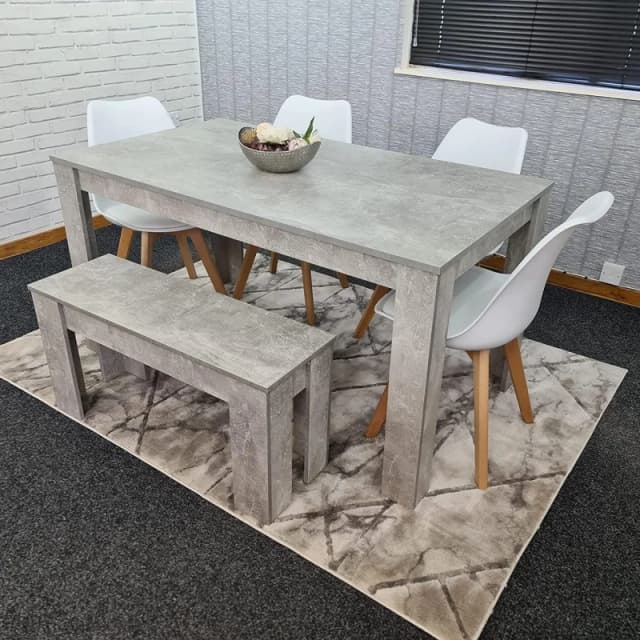 KOSY KOALA Kosy Koala - Dining Table and 4 Chairs With Bench Stone Grey Effect Wood Table 4 White Plastic Leather Chairs Dining Room Stone grey 117 +