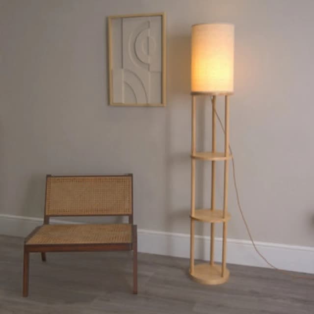 ValueLights Elsa Natural Wooden 3 Tier Floor Lamp with Fabric Shade Natural