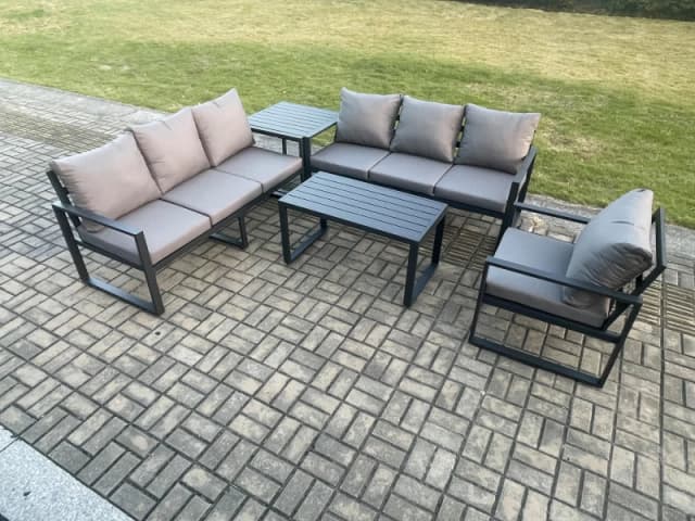 Fimous Aluminium 7 Seater Garden Furniture Outdoor Patio Sofa Set with Rectangular Coffee Table Armchair Side Table Dark Grey Dark Grey Unisex