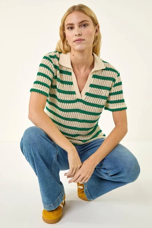 Roman Womens Stripe Crochet Collar Knit Top in Green Size: 16 Green Female 16