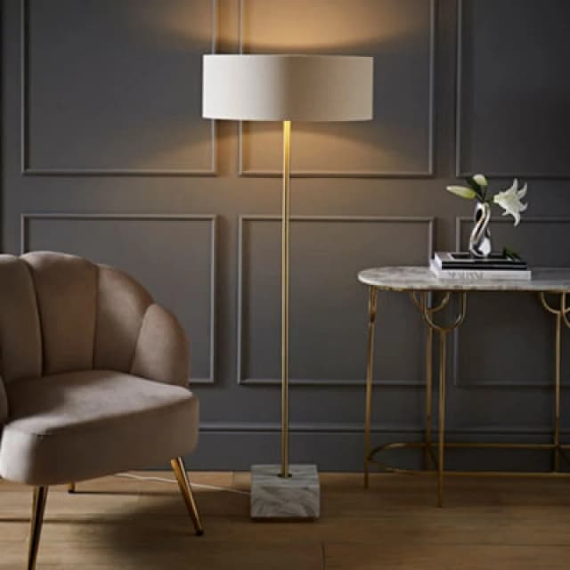 ValueLights ValueLights Brit Marble Floor Lamp with Natural Linen Drum Lamp Shade Natural One Size Unisex 5016529271741