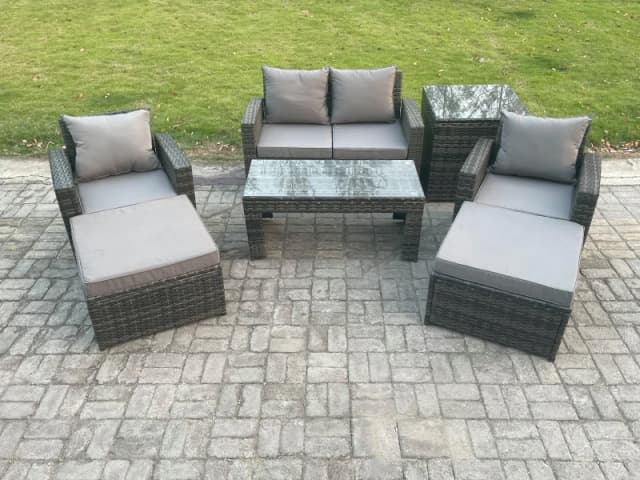 Fimous 7 PCS Outdoor Lounge Sofa Set Wicker PE Rattan Garden Furniture Set with Rectangular Coffee Table Armchair in Dark Grey Dark Grey Unisex