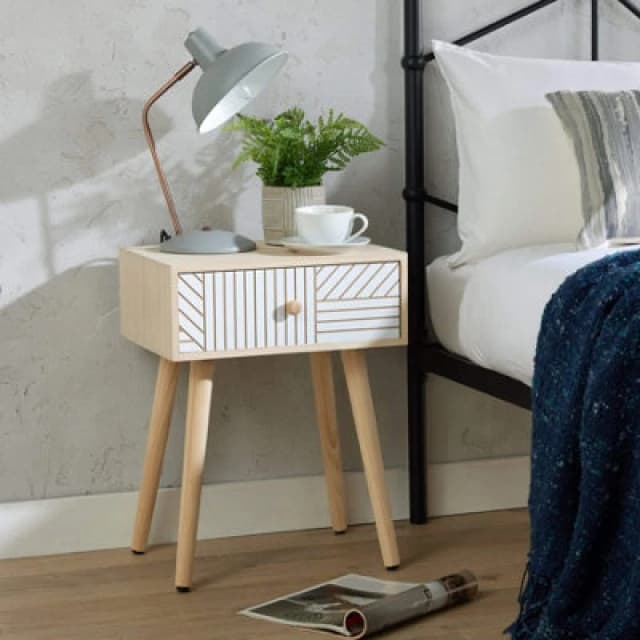 Home Source Romford 1 Drawer Natural And White Modern Bedside Table Storage Unit