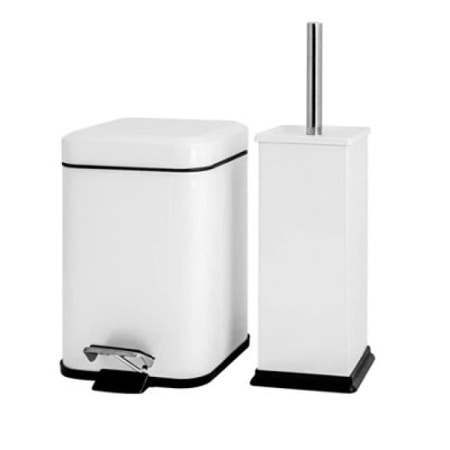 Harbour Housewares Bathroom Bin & Toilet Brush Set - 3L - White - Square Stainless Steel Slim Trashcan Rubbish Bin & Brush