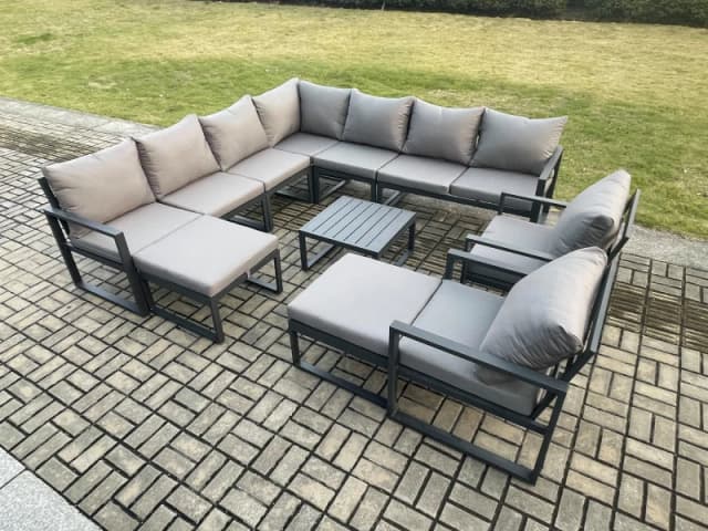 Fimous Aluminium Outdoor Garden Furniture Set Lounge Corner Sofa 2 Pcs Chair Square Coffee Table Sets with 2 Big Footstools Dark Grey Dark Grey Unisex