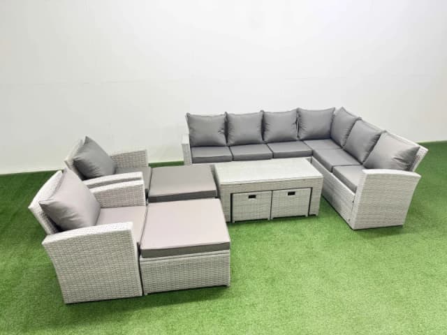 Fimous Rattan Furniture Set 9 Pieces Outdoor Sofa Coffee Table with 2 Chairs in Light Grey Light Grey Unisex