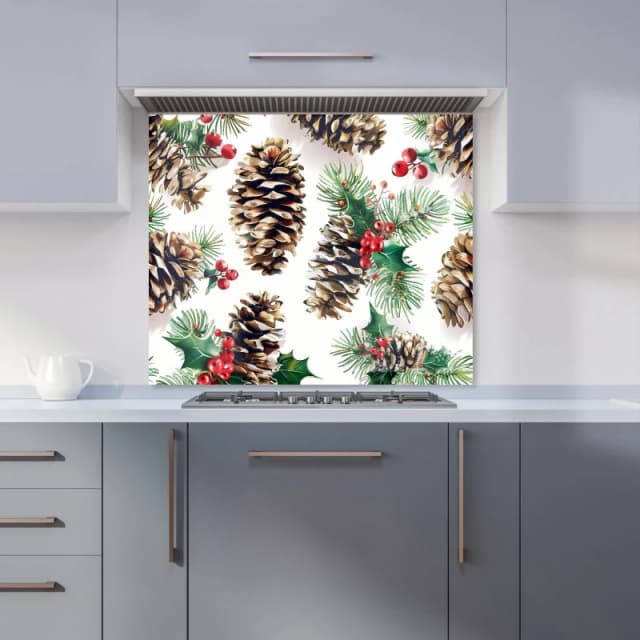 Warren Reed - Designer Festive Pine Cones & Holly Kitchen Splashback Size: 600mm x 750mm Multicolor Unisex 600mm x 750mm
