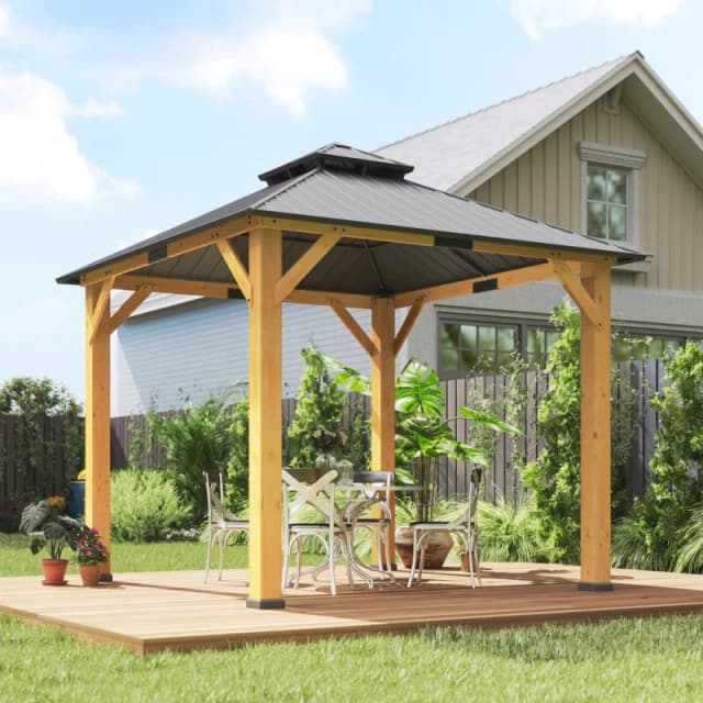 Outsunny 3x(3)M Double-Tier Hardtop Gazebo, Outdoor Patio Shelter, Grey Grey