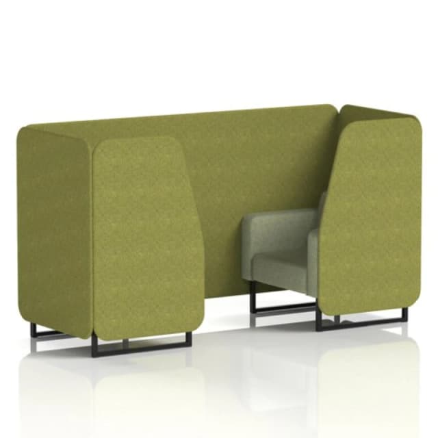 Brixworth 2 Seater Office Booth with Front Panel - Black Legs in Rivet Fabric - Olive Panels and Burnish Sofa