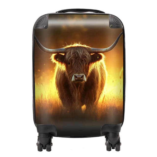 Warren Reed - Designer Highland Cow Sunset Suitcase in Orange Size: Small Orange Unisex Small