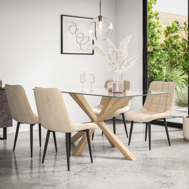 More4Homes Etta Glass Dining Table And Chairs - Glass Top W Solid Oak Legs + Nova Velvet Dining Chair Set Of 4 (Beige)
