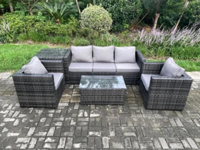 Fimous Rattan Garden Furniture Set with Coffee Table Side Table 2 Armchairs Indoor Outdoor Patio Lounge Sofa Set Dark Grey