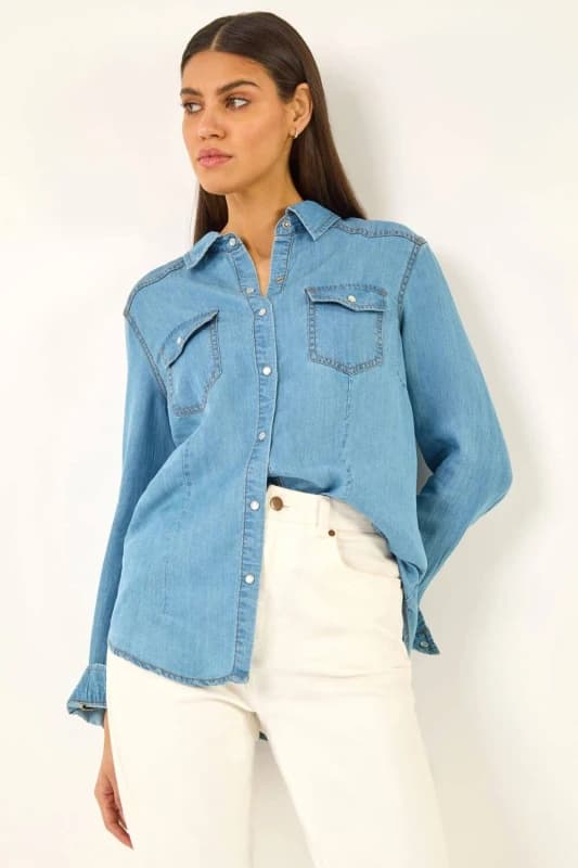 Roman Womens Denim Front Pocket Shirt in Light Blue Size: 12 Light Blue Female 12