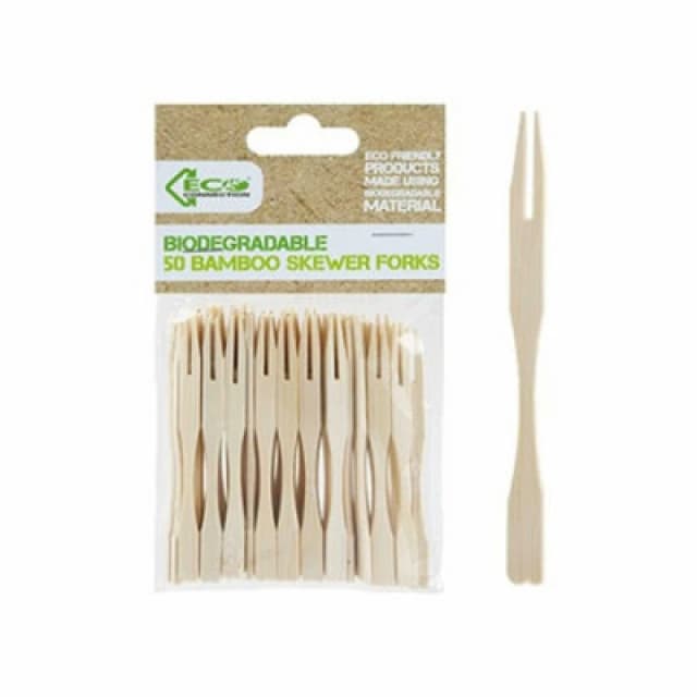 PMS Eco Connection Pack Of 50 Disposable Natural Bamboo Skewer Forks