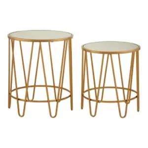 Set of 2 Round Side Tables with Mirror Tops in Gold Finish Metal