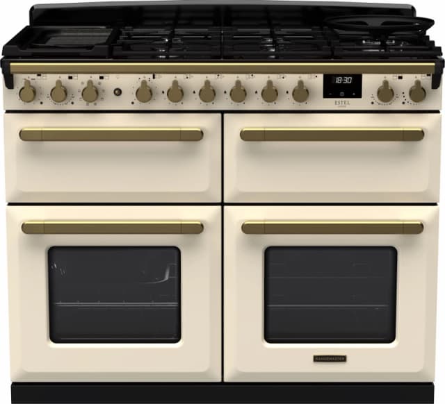 Rangemaster Estel Deluxe ESDLB110DFPPCR/AB1 110cm wide Dual Fuel Range Cooker with Gas Hob - Cream / Antique Brass - A/A Rated