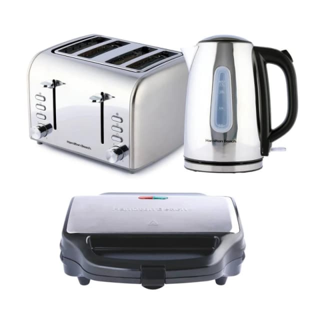 Hamilton Beach Rise Polished Kettle, 4 Slice Toaster & Sandwich Toaster Set - Silver Silver Unisex