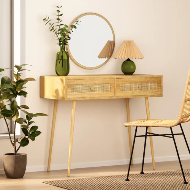 Vonhaus Dressing Table With Rattan Drawers, Bedroom Vanity Storage For Makeup, Computer Desk For Office, Console Table For Hallway