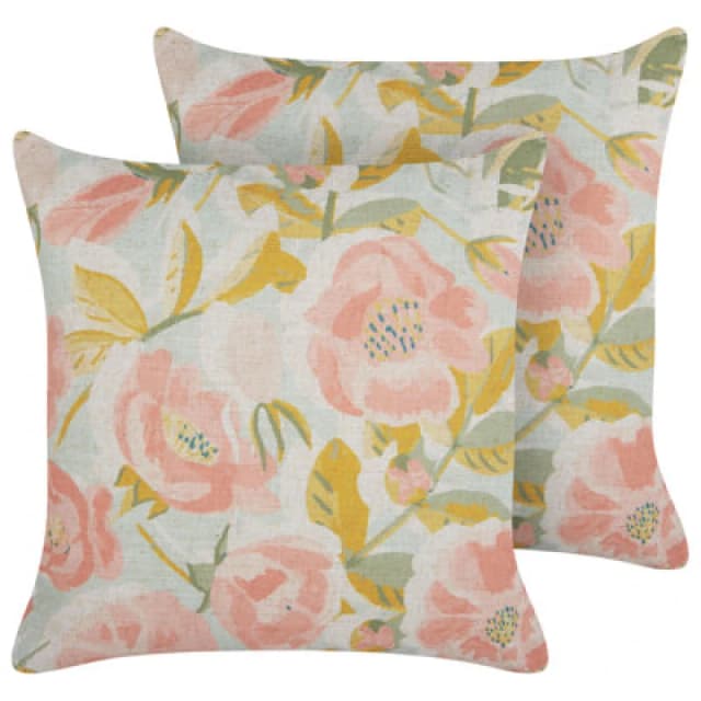 Beliani Set Of 2 Decorative Cushions Zahriye 45 X 45cm Pink Floral Pattern