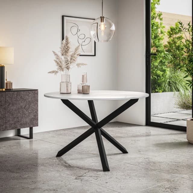 More4Homes Malvern Round Dining Table White Marble Effect Table Top W Solid Black Oak Legs